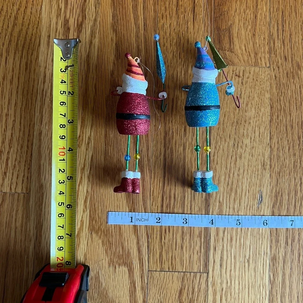 Lot of 2 Dept 56 Glitter Santa‎ Ornaments Retro Beaded Legs Christmas Holiday